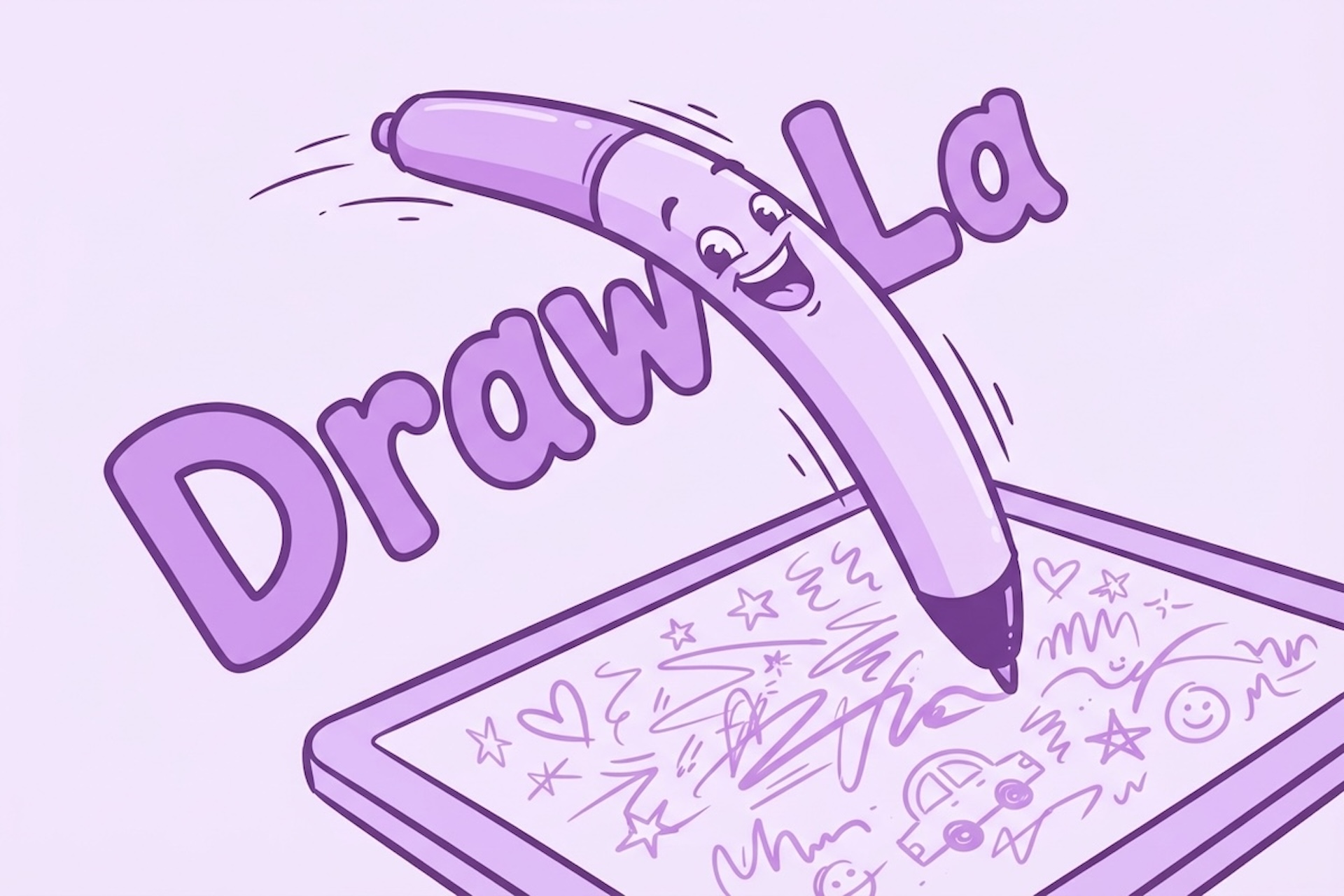 DrawLa-Cover: ein fröhlicher Zeichenstift malt auf einer digitalen Leinwand.