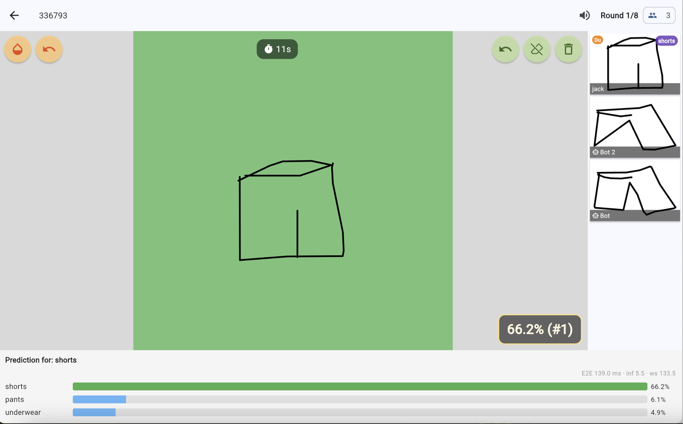 DrawClash gameplay scene: a drawing on the canvas next to the AI's live guesses.