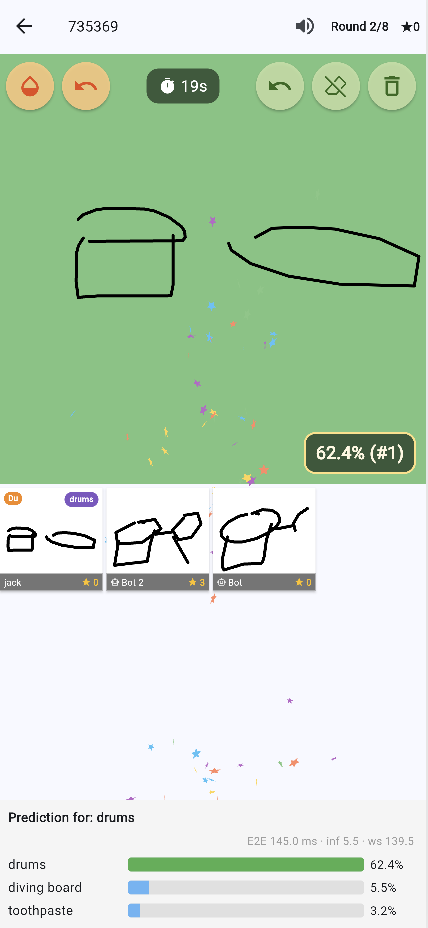 DrawClash on a smartphone: a drawing with live recognition.