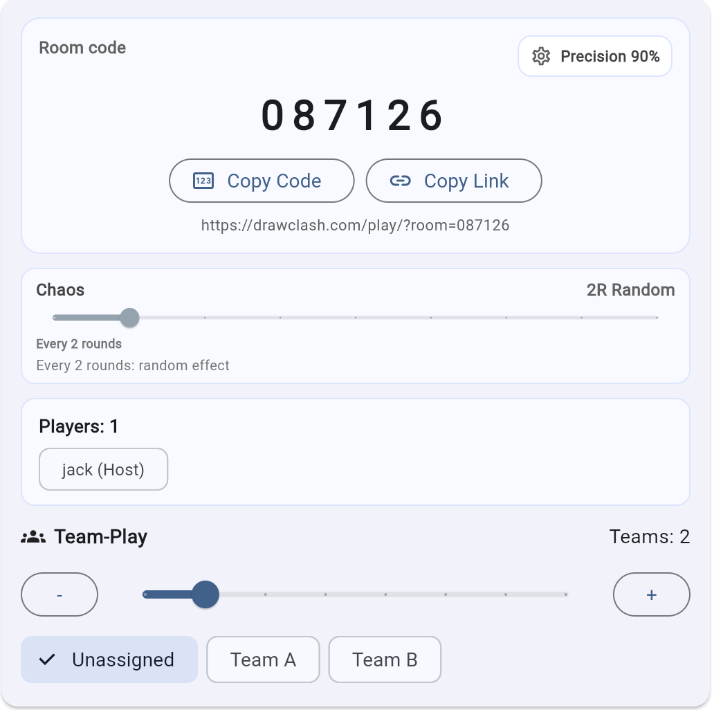DrawClash lobby with a 6-digit room code, invite link and team-play options.