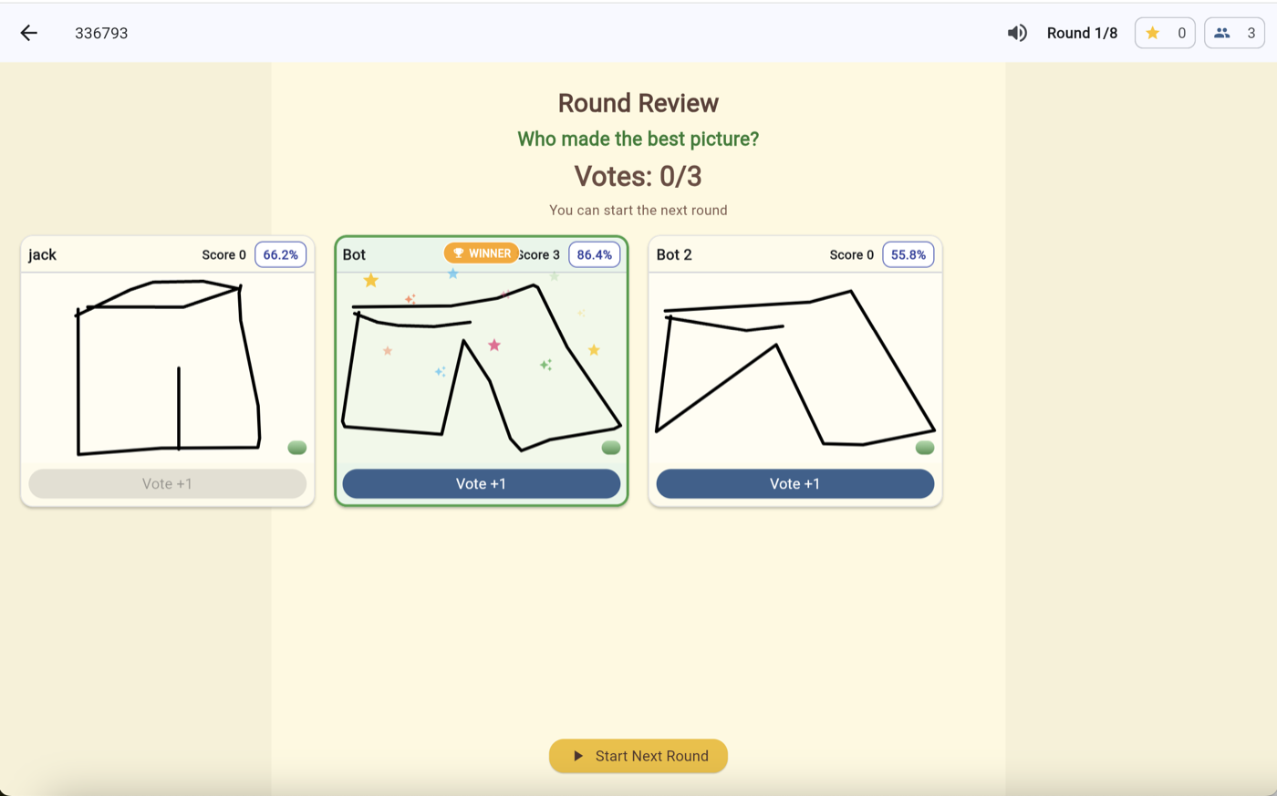DrawClash round results: three drawings compared by AI recognition rate.