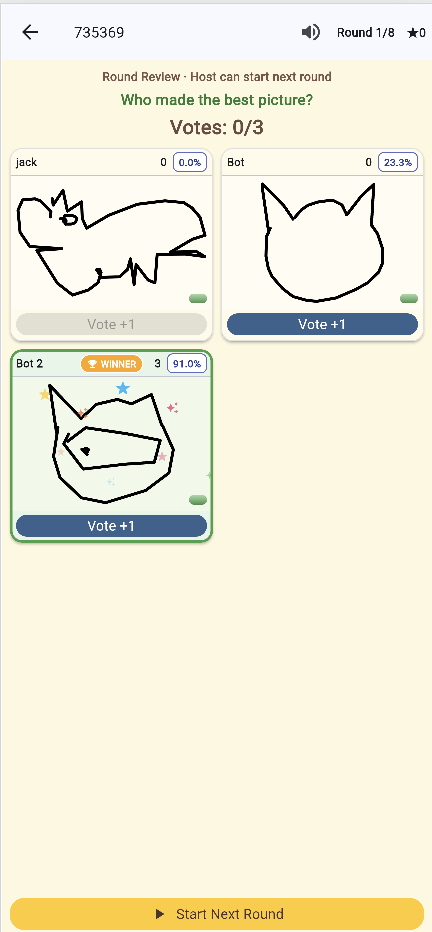 DrawClash on a smartphone: round overview with voting.